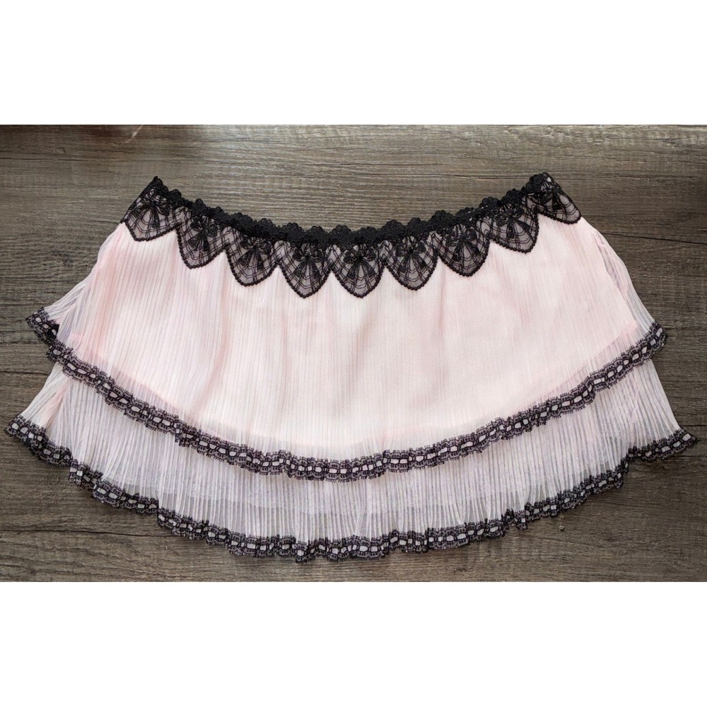 Cassandra Intimates Pink Pleated Micro Mini Skirt Black Lace Trim Size L